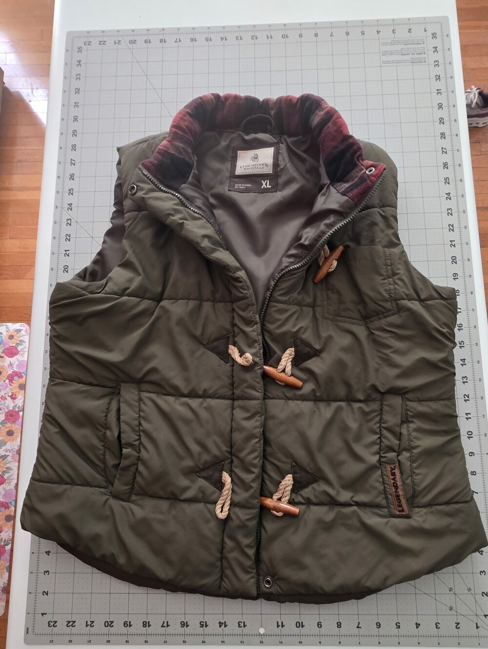 Legendary Whitetails Olive Green Quilted Hooded Puffer Vest with Plaid Trim, XL